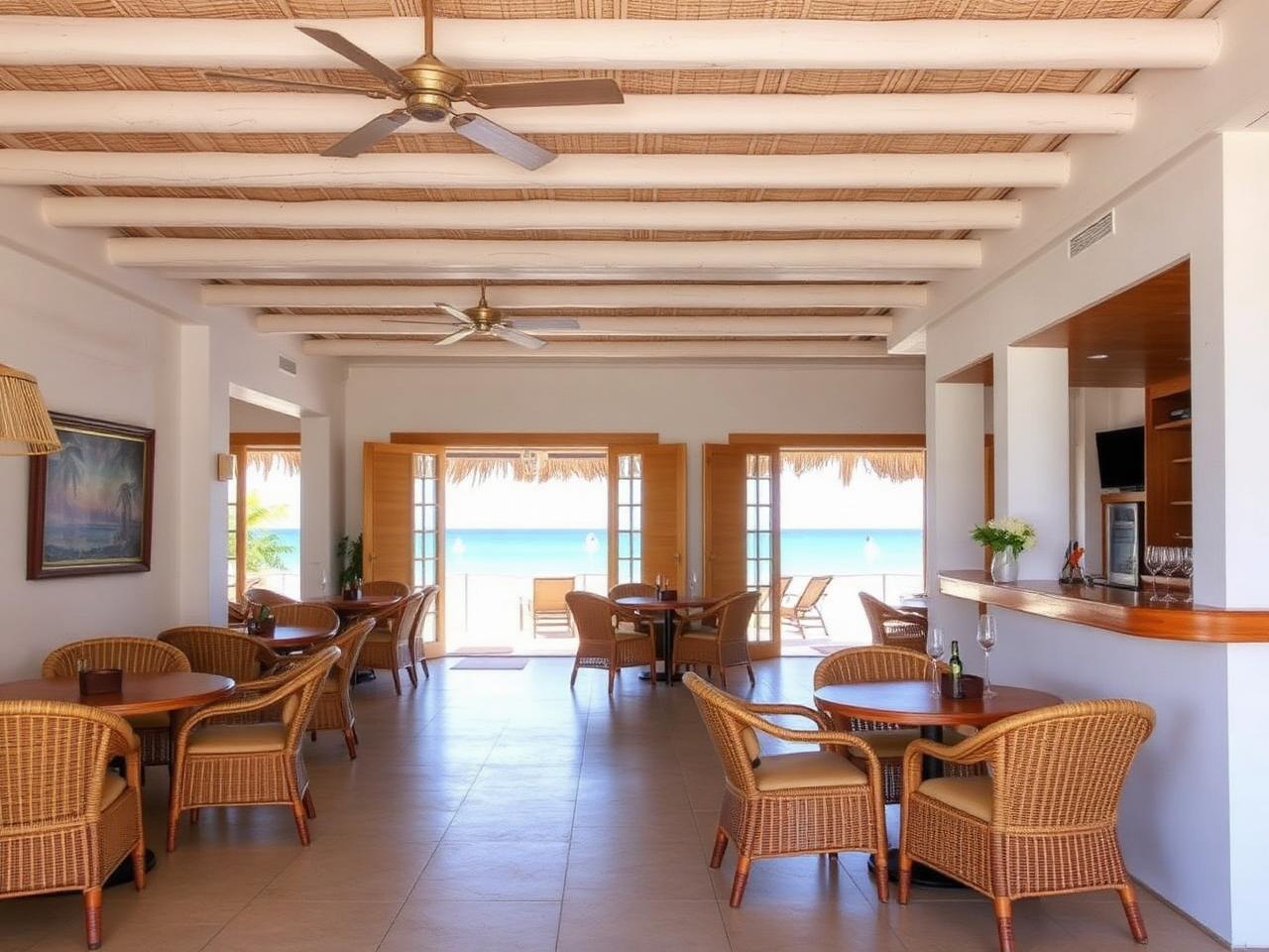 Open-air bar lounge with rattan seating