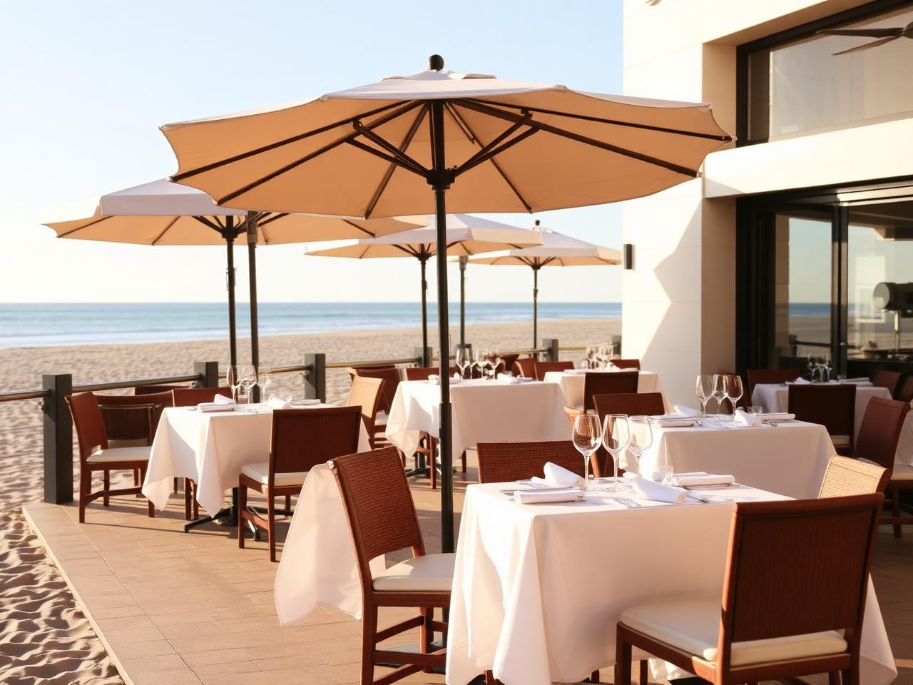 Beachfront terrace with umbrellas beside the sand