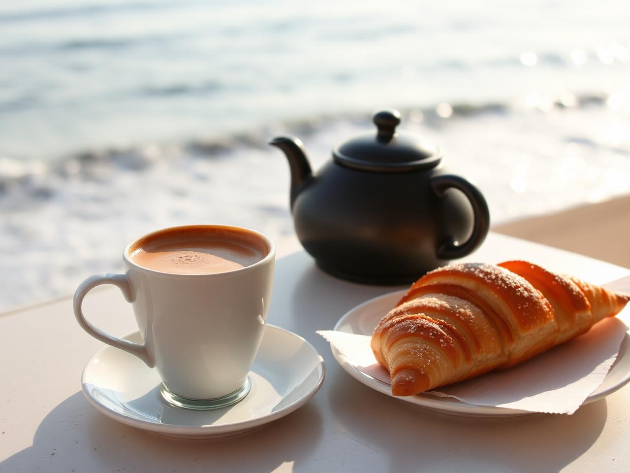 Morning coffee and pastry on a beachside table