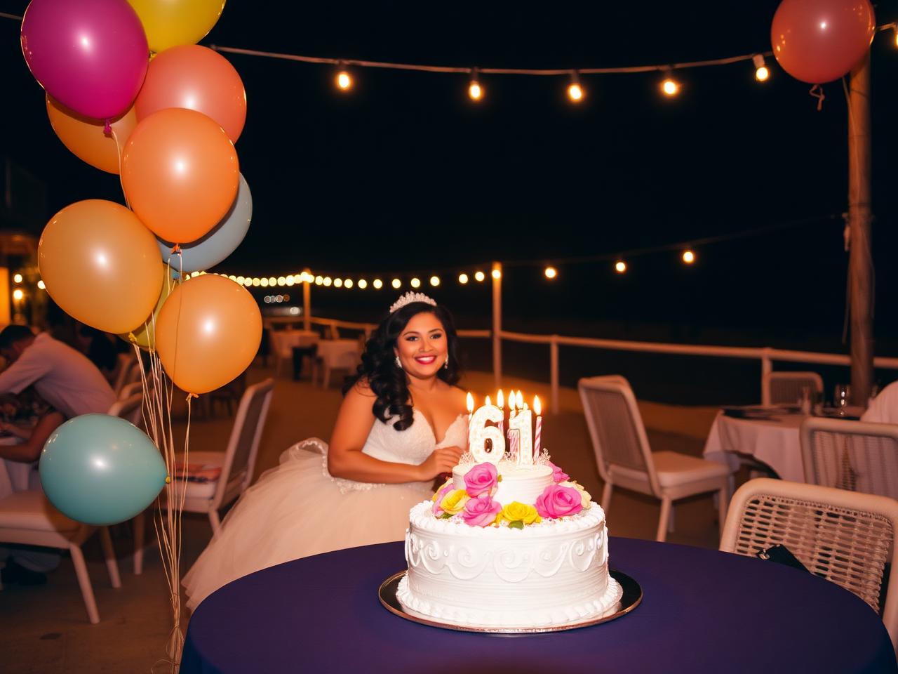 Quinceañera celebration with cake and balloons