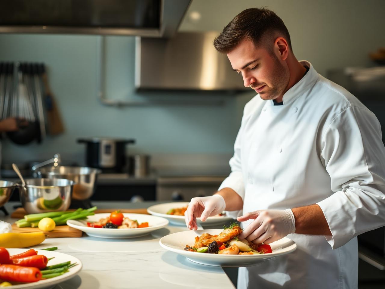 Chef plating seafood in the Talula kitchen